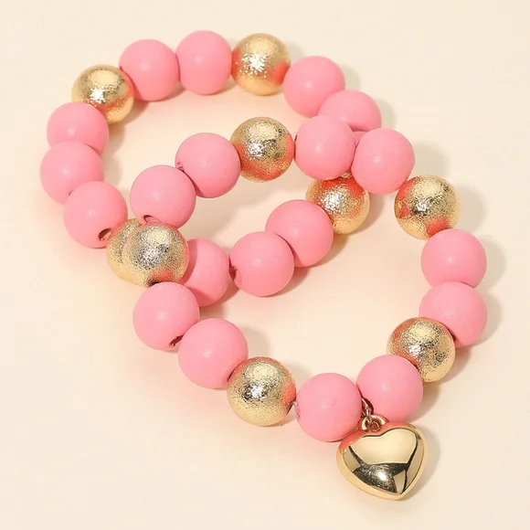 2PC - Chunky Heart Charm Wooden Metal Ball Beaded Stretch Multi Layered Bracelet - Picture 2 of 6